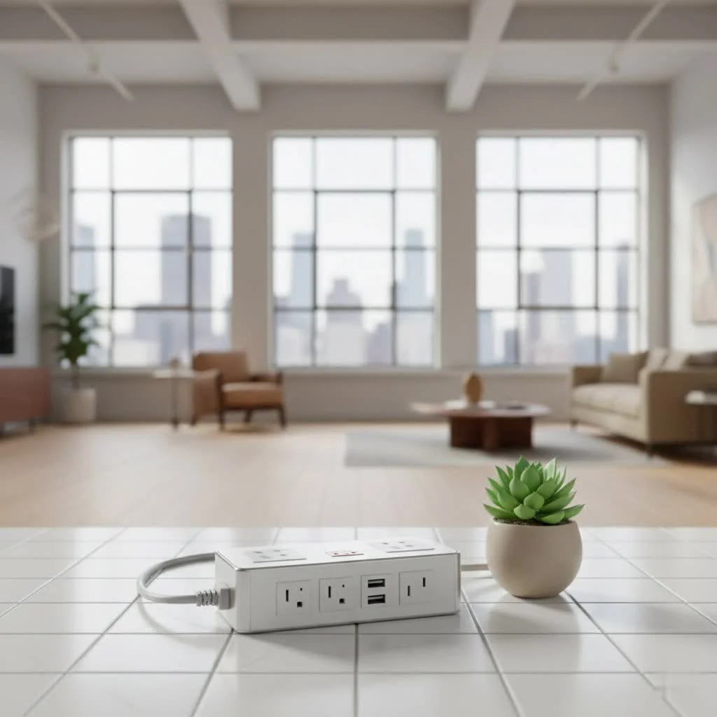 Close-up of a modern home surge protector with multiple outlets and indicator lights