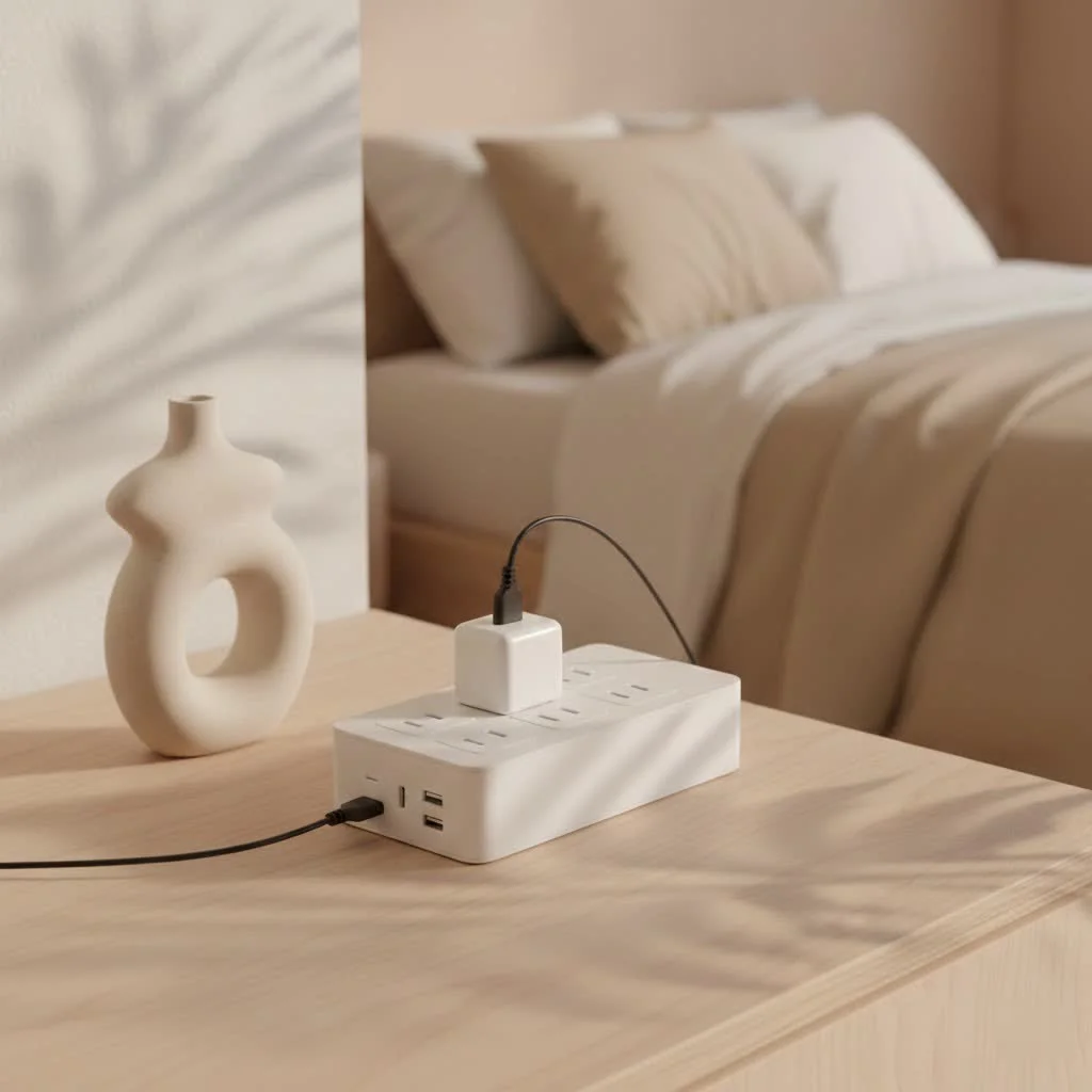 Close-up of a modern surge protector with multiple outlets and USB ports