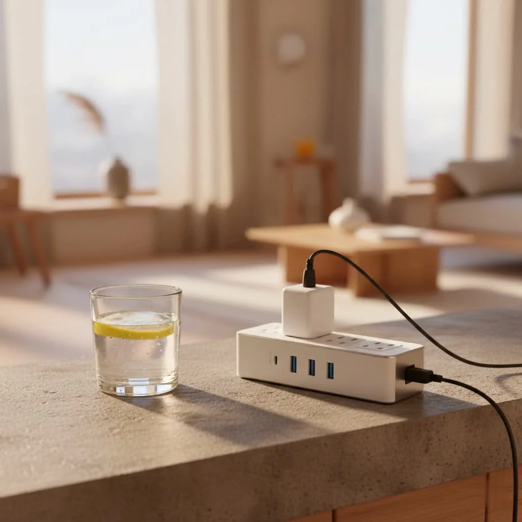 Modern surge protector with multiple AC outlets and USB ports
