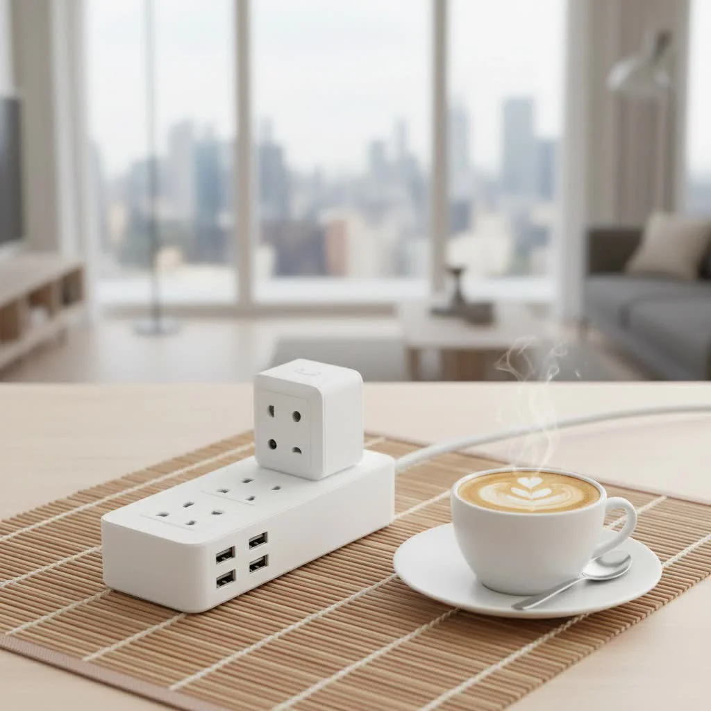 Close-up of a modern surge protector with multiple outlets and USB ports