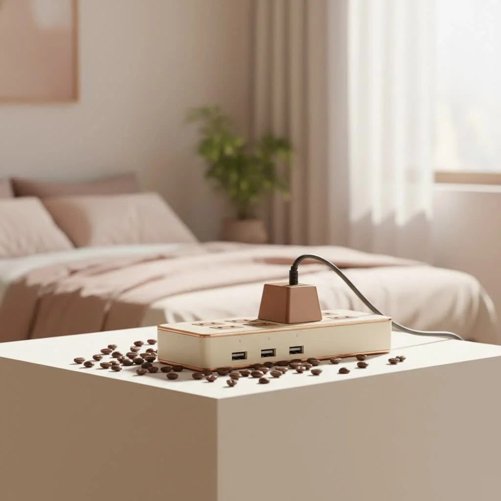 Close-up of a modern electrical surge protector with multiple outlets and USB ports