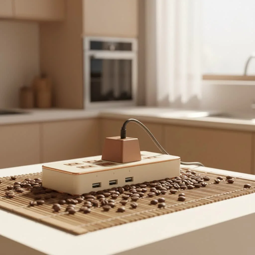 Modern refrigerator plugged into a surge protector