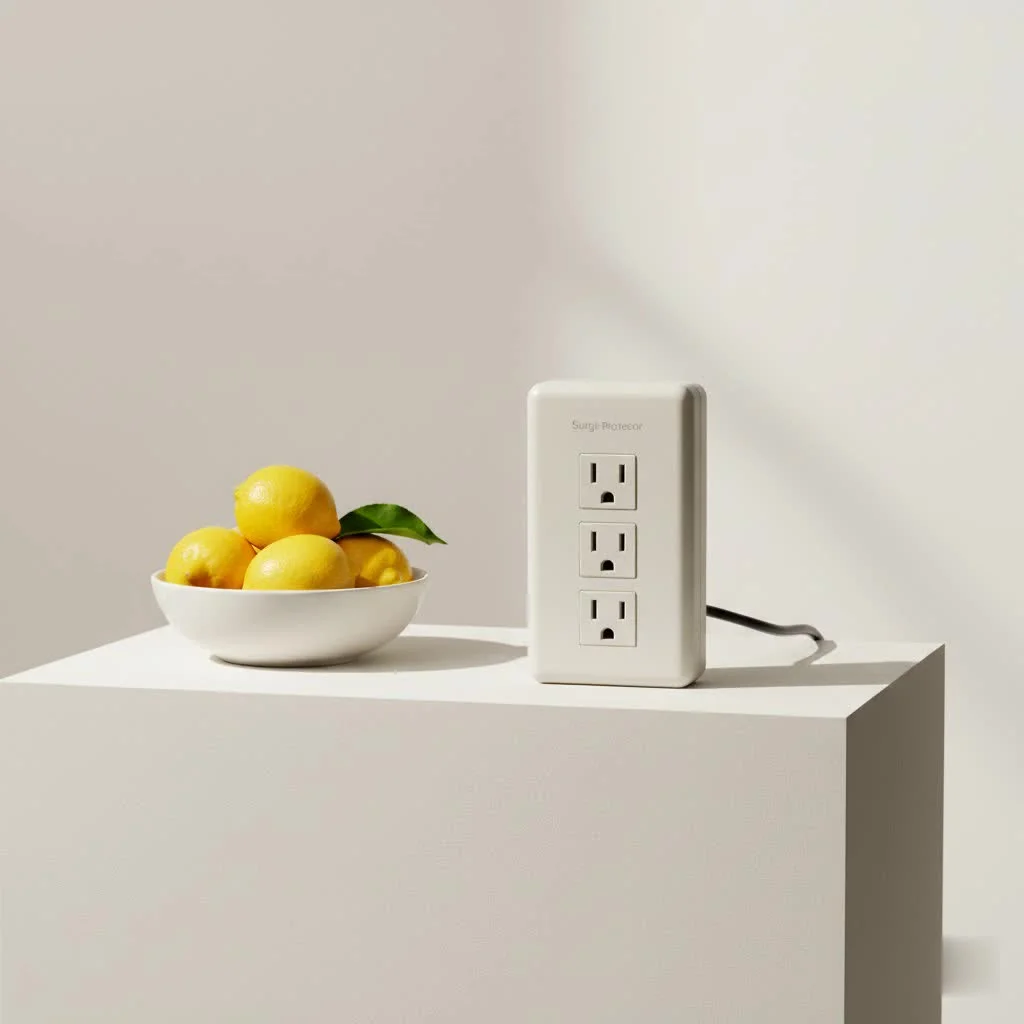 Close-up of a surge protector outlet with multiple plugs