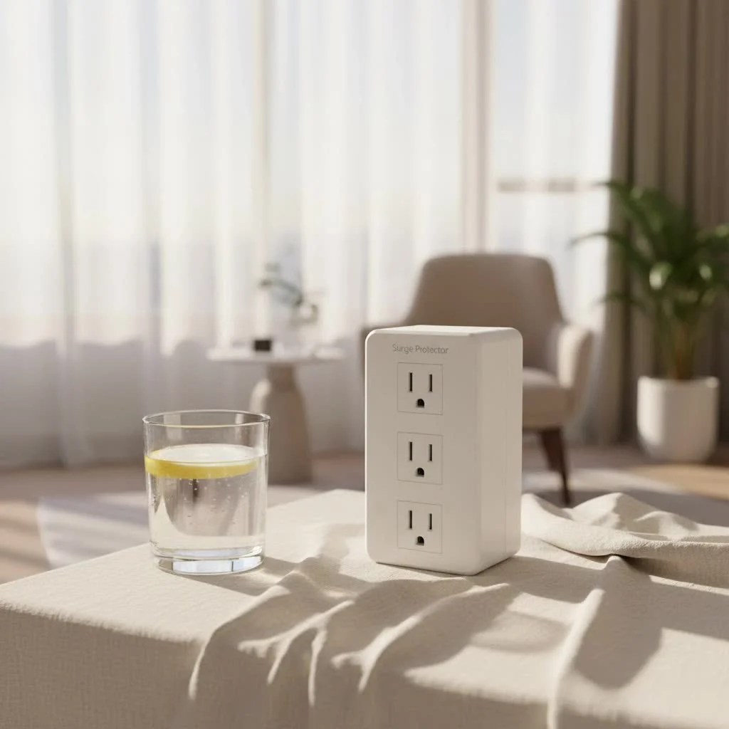 Surge protector power strip with multiple outlets and indicator lights